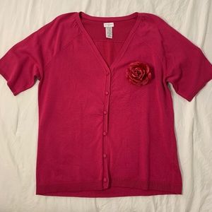Jaclyn Smith V Neck Quarter Sleeve Buttoned Top With Faux Rose Brooch